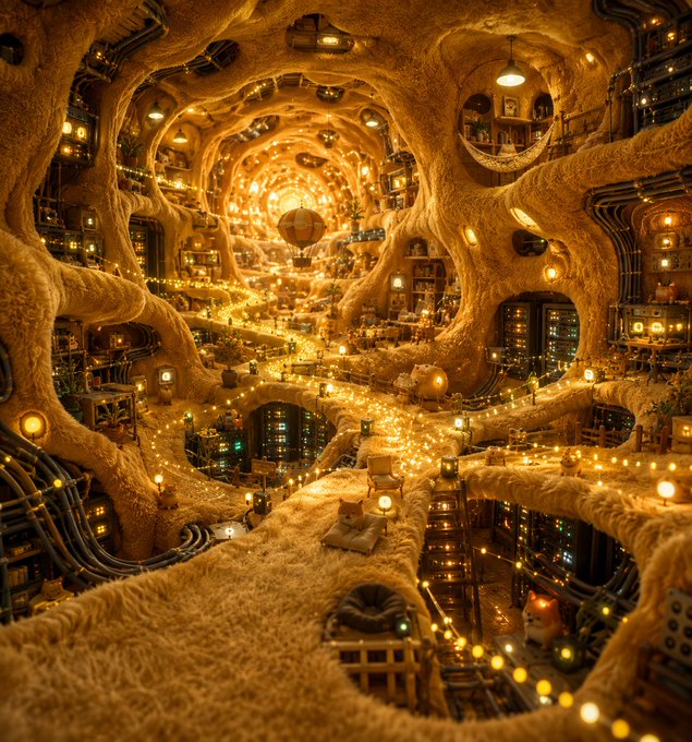 A whimsical, cavernous underground dwelling is intricately carved with winding pathways, illuminated by warm string lights, and filled with tiny furnished rooms and cozy nooks.