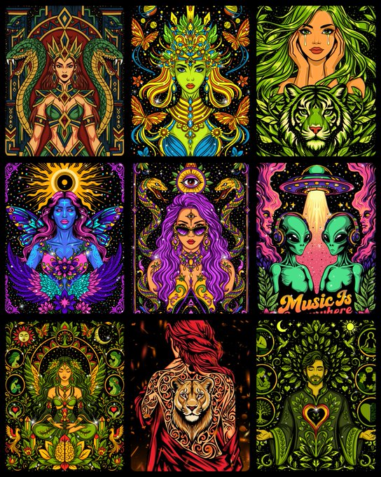 The image features a grid of nine distinct illustrations, each depicting a woman's face or body adorned with various symbols and patterns. These illustrations are arranged in a 3x3 grid against a black background. The captions accompanying these illustrations provide context about the artwork, such as "Music is everywhere" for one piece and "A woman with wings".