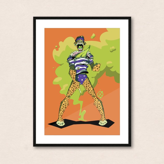 The image features a cartoon character, possibly a leopard or cheetah, depicted wearing a purple shirt and holding a gun. The character appears to be standing against an orange background with smoke coming out of its mouth. The character's legs are crossed in front of them, giving off the impression that they are ready for action. The image also includes text that reads "@BoredApeYC cheetah gang and orange BG fanatics".
