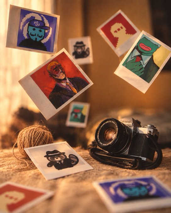 Polaroid-style photos float around a vintage camera on a wooden surface.