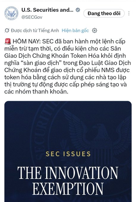 A Vietnamese-translated tweet from @SECGov announcing "THE INNOVATION EXEMPTION" regarding tokenized securities exchanges.