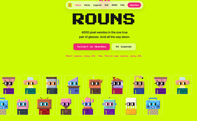 A bright yellow webpage for 'ROUNS' NFT collection on OpenSea featuring 4000 pixel weirdos with pixel art character thumbnails, mentioning 'Mint opens July 23. The third one opens July 24.'