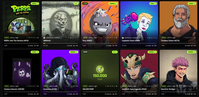 A grid of 10 NFTs from the Cardano blockchain, including PESPS Into The Factions, Deadly Dungeon 28052431, Perp #0647, Capitalist Clown #1094, Chudsno Citizen #0776, Chadano Booster #00180, Octowife #2318, 150,000 PERP, MARVCIxs Apex Legends #1945, and Beanthe Wulfgarr.