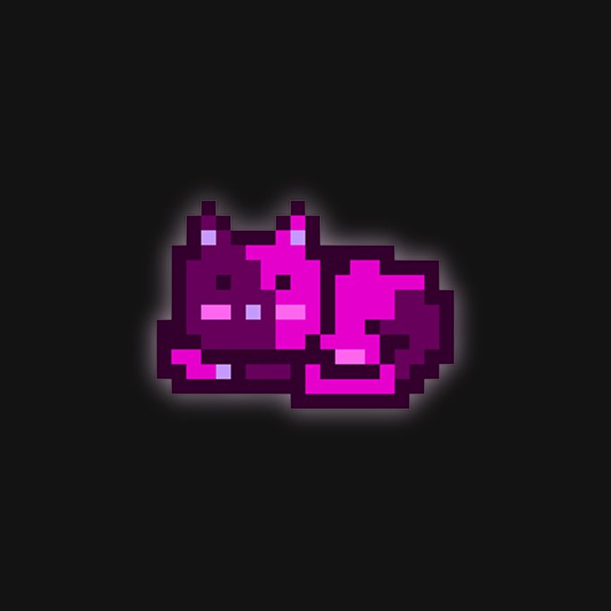 A pixel art illustration of a curled-up pink and purple cat sleeping on a black background.