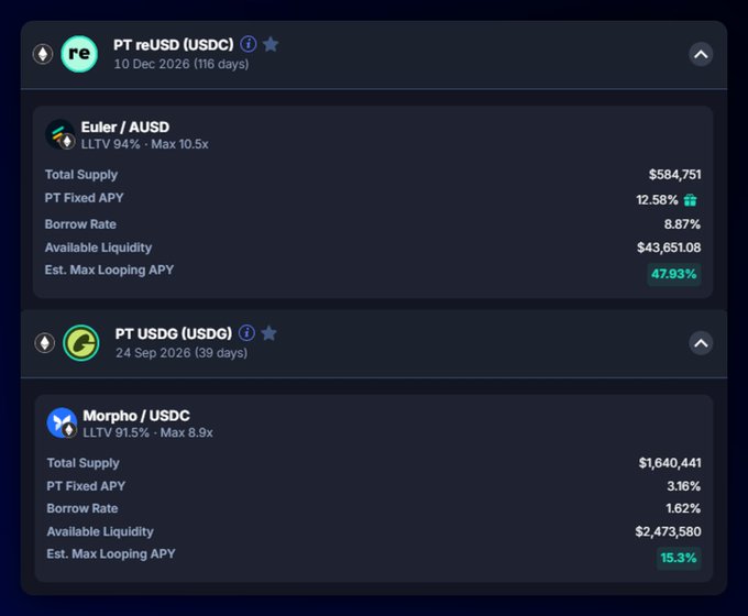 A dark-themed cryptocurrency dashboard displaying loan details, including 'PT reUSD (USDC)' with 47.93% Est. Max Looping APY and 'PT SUSDG (USDG)' for Morpho / USDC with 15.3% Est. Max Looping APY.