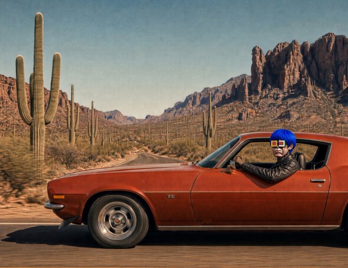 A red classic muscle car drives along a desert highway with tall saguaro cacti and rocky mountains, featuring a driver with bright blue hair wearing 3D-style stereoscopic glasses.