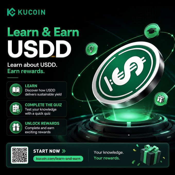 KuCoin's "Learn & Earn USDD" campaign promotion invites users to learn about USDD, complete a quiz, and unlock rewards via kucoin.com/learn-and-earn, featuring a large 3D USDD coin and step-by-step learning icons that visually reinforce the "Learn & Earn" educational campaign described in the post.