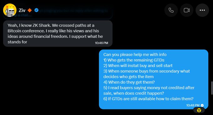 A chat conversation where "Ziv" (with a verified checkmark) discusses knowing "ZK Shark" from a Bitcoin conference, followed by a message listing six questions about GTDs (Guaranteed Token Drops), including queries about when buying/selling starts, credit timing, and how to claim remaining GTDs. The image likely serves as proof of legitimate communication regarding the ZEC Squad NFT mint process.