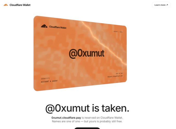 The image shows a Cloudflare Wallet page displaying the username "@0xumut" as already taken, with an orange gradient card showing the handle and the message "@0xumut is taken. 0xumut.cloudflare.pay is reserved on Cloudflare Wallet." This relates to the post about claiming Cloudflare Wallet handles early, as the user attempted to grab "@0xumut" but it was already reserved by someone else.