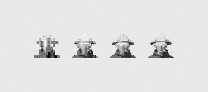 Four pixel art figures in various stages of progression from left to right against a plain white background.