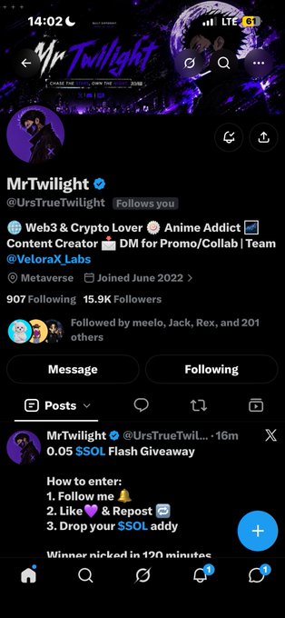 A screenshot of an X (Twitter) profile for "MrTwilight" (@UrsTrueTwilight), a Web3 & Crypto Lover, Anime Addict, and Content Creator who joined in June 2022, promoting a "0.05 $SOL Flash Giveaway."