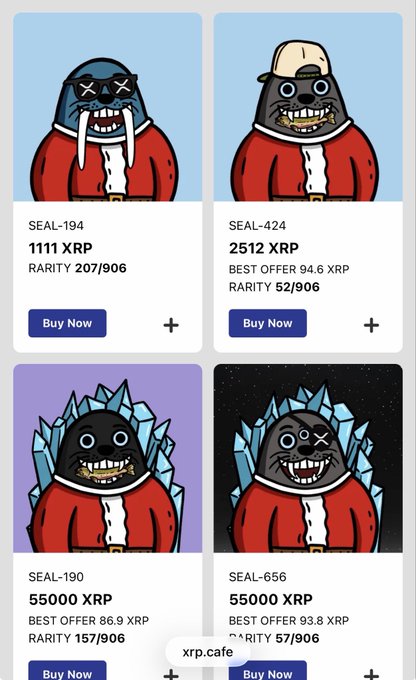 NFT marketplace listing showing four cartoon walrus characters in red outfits with prices in XRP, including 'SEAL-194' at 1111 XRP, 'SEAL-424' at 2512 XRP, 'SEAL-190' at 55000 XRP, and 'SEAL-656' at 55000 XRP.