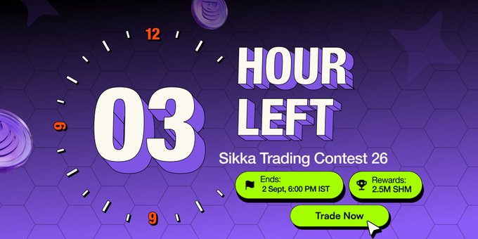 A countdown clock shows "3 HOURS LEFT" for the Sikka Trading Contest 26, ending on 2 Sept at 6:00 PM IST with a 2.5M SHM reward, accompanied by a "Trade Now" call-to-action button, visually reinforcing the post's last-call urgency to join before the contest closes.