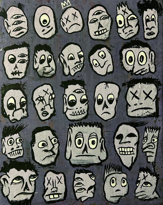 A graffiti-style artwork featuring a grid of roughly 25 cartoonish, expressive faces with varying emotions, painted in silver and black against a gray background.