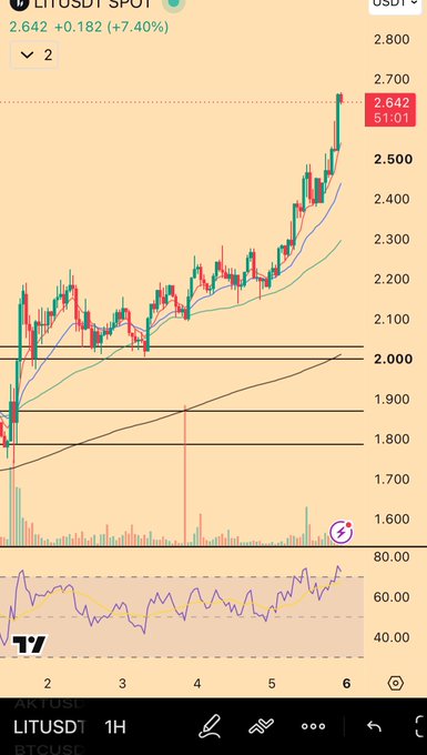 The image shows a 1-hour TradingView chart for **LITUSDT** with a strong uptrend, the price currently at **2.642** (+7.40%) near recent highs of 2.642, with RSI in overbought territory around 65.

The chart supports the post's celebratory tone—LIT has clearly rallied sharply over the weekend, rewarding the user who "was afk building the cottage" while the devs kept building.