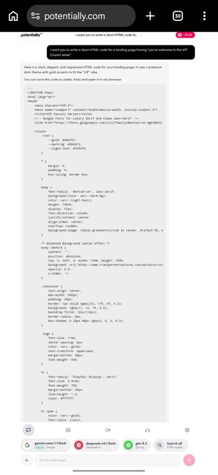 A mobile browser screenshot of potentialy.com displaying HTML code and instructions on how to clone the site for a landing page.