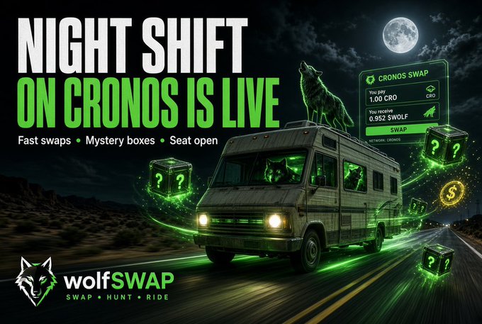 A promotional banner for 'NIGHT SHIFT ON CRONOS IS LIVE' featuring wolfSWAP, with a wolf on top of an RV, mystery boxes, and a Cronos Swap interface showing 1.00 CRO to 0.952 $WOLF conversion.
