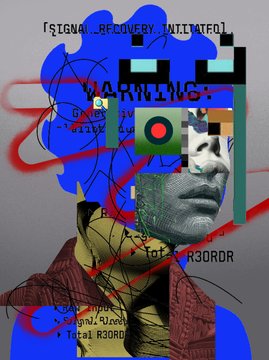 A glitchy, digital art piece featuring a fragmented face, a classical bust, and the text '[SIGNAL RECOVERY INITIATED]', 'WARNING:', and 'R3ORDER'.