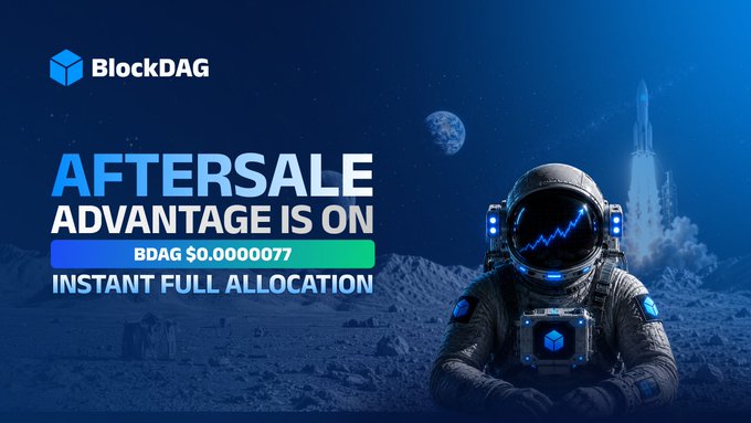An astronaut on a lunar landscape holds up a BlockDAG (BDAG) wallet displaying a rising price chart, with the moon and a launching rocket in the background, promoting the "AFTERSALE ADVANTAGE IS ON" offer to buy BDAG at $0.0000077 for instant full allocation. The futuristic space imagery reinforces the post's message about BDAG being a powerful, forward-looking digital asset.