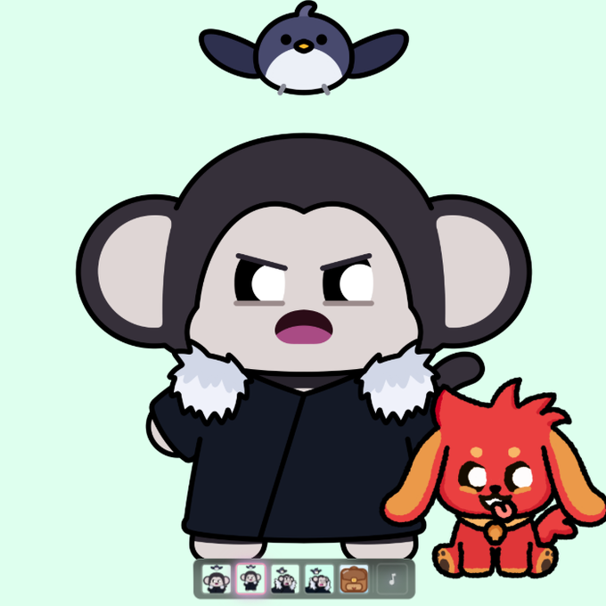 A cartoon chimpanzee character with large ears wears a fur-collared coat, looking up at a small flying bird above, while standing next to a red dog with its tongue out. A UI bar at the bottom shows animation frames and a music icon, suggesting this is from a character animation tool where the user is customizing their "Chimp" companion with two pets—a bird and a dog (Nitarou).