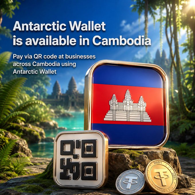 A promotional image announces "Antarctic Wallet is available in Cambodia" with the tagline "Pay via QR code at businesses across Cambodia using Antarctic Wallet," featuring a stylized Cambodian flag emblem, a QR code icon, and USDT/USDC coins set against a lush jungle backdrop with ancient temple silhouettes, visually reinforcing the post's announcement of USDT QR payments launching in Cambodia.