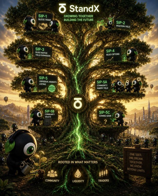 The image depicts a glowing tree representing the StandX ecosystem, with branches labeled SIP-1 (Block Trade), SIP-2 (Position Yield), SIP-3 (DUSD Native Yield Expansion), SIP-4 (Block Options), SIP-5 (Universal Markets Listing), SIP-5A (Community Maker Yield), SIP-5B (Community MKEYS), and SIP-5C (Coming Soon)—visually illustrating the post's theme of StandX's growth as a unified ecosystem rooted in community, liquidity, and traders, with the tagline "One Seed. One Dream. Together, We Grow. Beyond Limits."