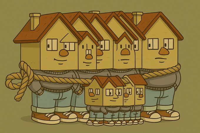A family of anthropomorphic house characters stands together, with the larger parent houses wrapping a rope around themselves and their smaller house-children, visually representing a "bundle" of houses. The illustration cleverly personifies housing units as a family being tied together, matching the caption's metaphor of a "chill house bundle."