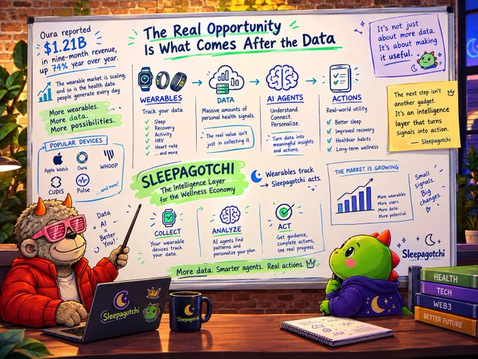 An illustrated whiteboard-style infographic titled "The Real Opportunity Is What Comes After the Data" promotes "Sleepagotchi," a wellness intelligence product that tracks wearable data to generate AI insights and actions.