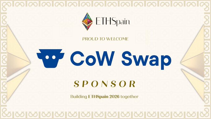 A sponsor announcement graphic reading 'ETHSpain PROUD TO WELCOME CoW Swap SPONSOR Building ETHSpain 2026 together' with the ETHSpain and CoW Swap logos.