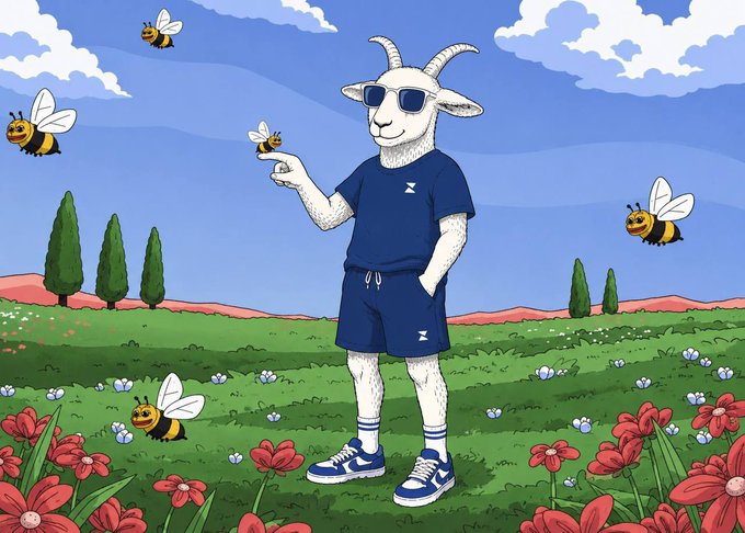 The caption: An illustrated goat wearing sunglasses and a navy blue tracksuit with the "Z" logo stands in a sunny meadow surrounded by cheerful bees and red flowers.

The image relates to the post as a playful visual pun—"GM Zers" refers to the GoMining or Zealy-style community greeting, while the goat's "GOAT" and sunny, grass-touching scene reinforces the "touch grass" reminder, blending crypto culture humor with a wholesome outdoor vibe.