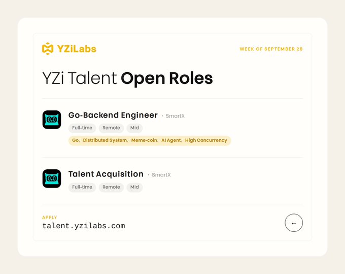 The image displays a YZi Talent recruitment card for the week of September 28, listing two open roles at SmartX: a Go-Backend Engineer and a Talent Acquisition position, both full-time, remote, and mid-level, with application link talent.yzilabs.com.