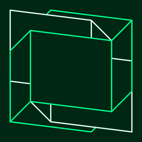 A geometric logo featuring two interlocking outlined cubes in green and white against a dark green background.
