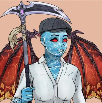 An illustration of a blue-skinned demonic character with red glowing eyes, black wings, and a black cap, holding a large scythe while wearing a white shirt.