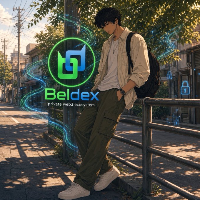 An anime-style illustration of a young man with a backpack leaning against a railing in an urban street setting, overlaid with the 'Beldex' logo and the tagline 'private web3 ecosystem'.
