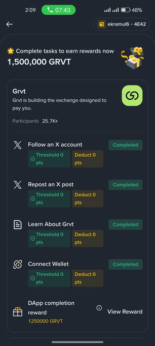 A mobile app screenshot for a task to earn 1,500,000 GRVT. The visible tasks like 'Follow an X account' and 'Repost an X post' are marked as 'Completed'.
