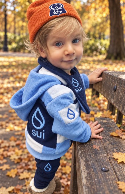 A young child wears an orange beanie featuring a Sui logo, paired with a blue and white Sui-branded fleece hoodie, posing outdoors among autumn leaves. The adorable toddler perfectly embodies the "They grow up so fast $SUI" caption, personifying the Sui ecosystem as a thriving, youthful project.