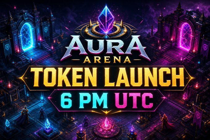 The image features a poster advertising an upcoming token launch event at Aura Arena. The poster displays two vibrant scenes of a digital world, with characters interacting within the game environment. The text on the poster announces that the token launch will take place at 6 PM UTC, and there are three main characters in the scene representing different aspects of the gaming experience: a player character, a rival character, and an arena character.