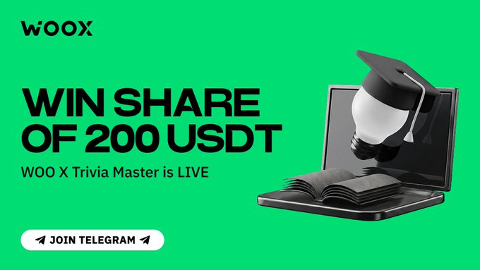 The image features a laptop with an open book on top of it, along with a graduation cap placed on the book. The background color of the image is green. The text displayed on the image reads "Win Share Of 200 USDT". This suggests that there might be some sort of contest or promotion related to the WOO X Trivia Master campaign.