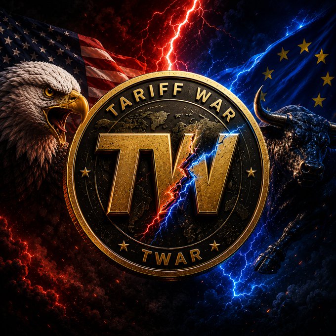 A dramatic graphic featuring a bald eagle with the American flag on the left and a charging bull with the European Union flag on the right, flanking a central gold medallion labeled 'TARIFF WAR TW' with lightning effects.