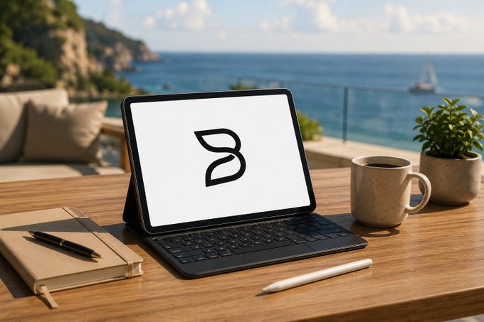 A black tablet with a keyboard stand sits on a wooden desk overlooking a scenic ocean view, displaying a stylized 'B' logo on its white screen, accompanied by a coffee mug, a plant, a notebook, and a stylus.