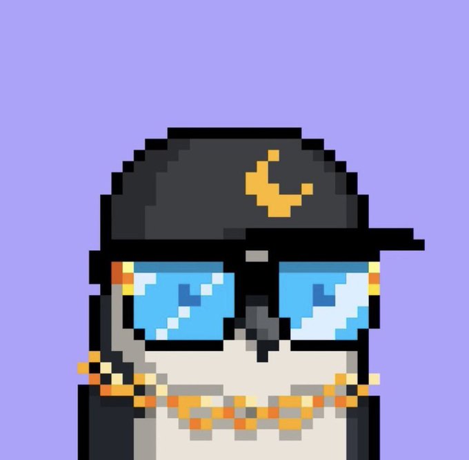 A pixel art illustration of a character wearing a black cap with a yellow design, blue sunglasses reflecting light, and a gold chain, set against a solid purple background.