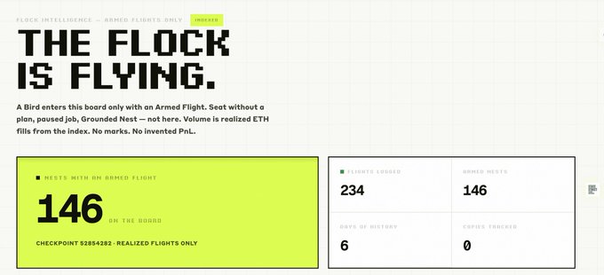 A dashboard titled 'THE FLOCK IS FLYING' showing Flock Intelligence stats with 146 armed nests on the board out of 234 total flocks logged.
