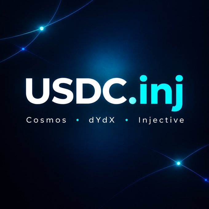 A dark blue logo graphic for 'USDC.inj' listing 'Cosmos • dYdX • Injective' with glowing light effects.