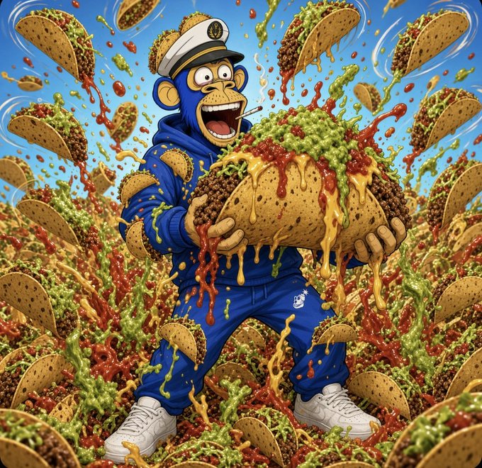 A cartoon blue monkey wearing a captain's hat and blue tracksuit excitedly holds an oversized taco overflowing with guacamole, salsa, and cheese, surrounded by flying tacos and splattering ingredients.