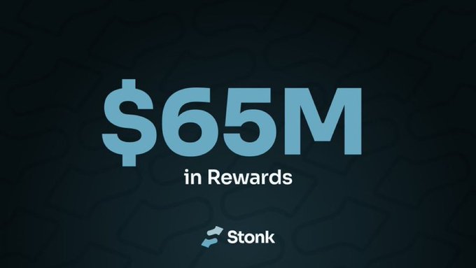 A promotional graphic showing '$65M in Rewards' with the Stonk logo on a dark background.