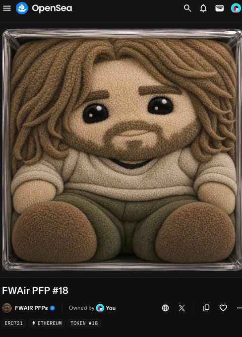 A digital plush-style avatar NFT titled "FWAir PFP #18" displays a bearded, long-haired character in a cream shirt and olive pants, owned by the user. The caption "Plumbers in control. Blessed $FWA gacha." humorously suggests the bearded avatar resembles a plumber, tying into the FWA collection's token #18 displayed on the OpenSea listing.