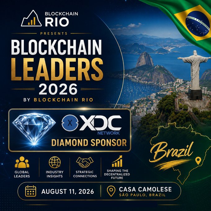 A promotional poster for 'BLOCKCHAIN RIO PRESENTS BLOCKCHAIN LEADERS 2026' in São Paulo, Brazil on August 11, 2026, featuring XDC Network as the Diamond Sponsor with a Brazilian flag and Christ the Redeemer imagery.