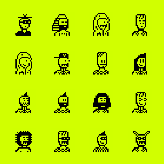 A 4x4 grid of 16 hand-drawn, pixel-art character portraits displayed on a bright yellow-green background. The image visually showcases the "Builder grid" of 16 unique neighbors as described, with each distinct avatar (featuring varied hairstyles, hats, and facial features) representing one of the digital collectibles meant to be minted on-chain.