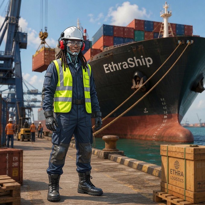 A digital illustration of a female port worker in a hard hat and high-visibility vest standing on a dock in front of a cargo ship labeled 'EthraShip' with shipping crates marked 'ETHRA LOGISTICS'.