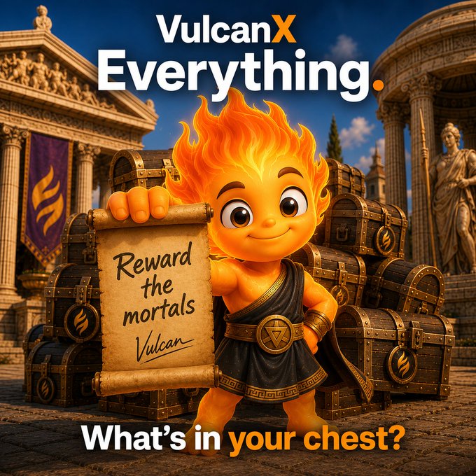 The image shows a cartoon flame-haired character dressed in Roman/gladiator attire holding a scroll that reads "Reward the mortals - Vulcan" in front of treasure chests, with the headlines "VulcanX Everything." and "What's in your chest?" — visually reinforcing the post's message of investing back into players through enhanced rewards and competitions.